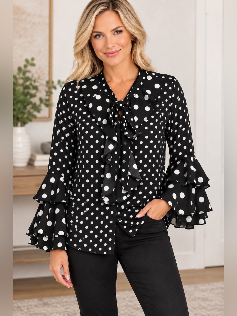 Athena Marie Black White Polka Dot Ruffle Bell Sleeve Blouse NWOT